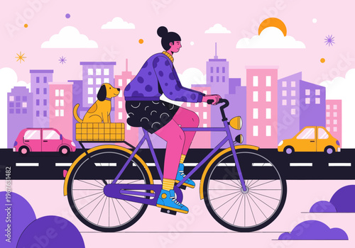 Flat vector illustration of a young woman cycling through a colorful pink and purple cityscape with her dog in the back basket. City commuting with pets concept.