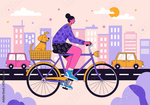 Flat vector illustration of a young woman cycling through a colorful pink and purple cityscape with her dog in the back basket. City commuting with pets concept.