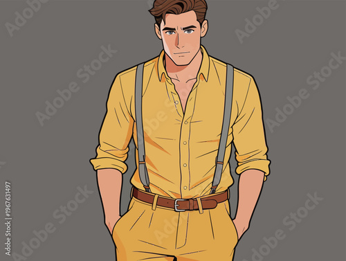 Young man dressed in yellow shirt and trousers stands with hands in pockets against a gray background