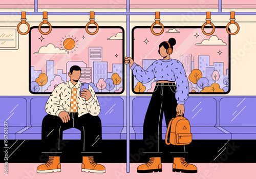 Couple commuting inside a clean subway car during sunset. Man looks at phone, woman listens with headphones. Vector, flat design, urban public transport.