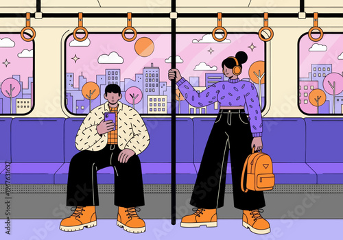 Couple commuting inside a clean subway car during sunset. Man looks at phone, woman listens with headphones. Vector, flat design, urban public transport.