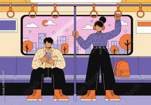 Couple commuting inside a clean subway car during sunset. Man looks at phone, woman listens with headphones. Vector, flat design, urban public transport.