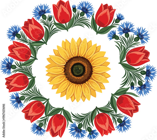 A vibrant floral wreath with a sunflower surrounded by tulips and cornflowers