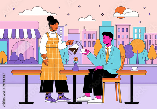 Barista pouring coffee for male client at an outdoor cafe with a city skyline background. Colorful modern vector illustration style