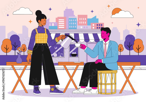 Barista pouring coffee for male client at an outdoor cafe with a city skyline background. Colorful modern vector illustration style