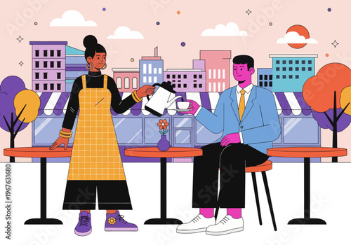 Barista pouring coffee for male client at an outdoor cafe with a city skyline background. Colorful modern vector illustration style