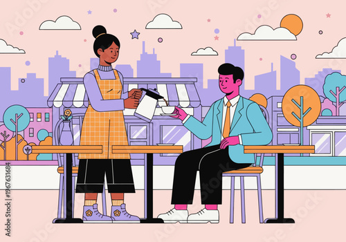 Barista pouring coffee for male client at an outdoor cafe with a city skyline background. Colorful modern vector illustration style