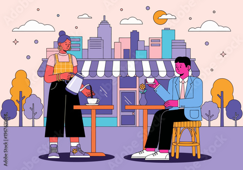 Barista pouring coffee for male client at an outdoor cafe with a city skyline background. Colorful modern vector illustration style