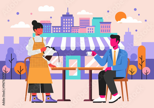 Barista pouring coffee for male client at an outdoor cafe with a city skyline background. Colorful modern vector illustration style