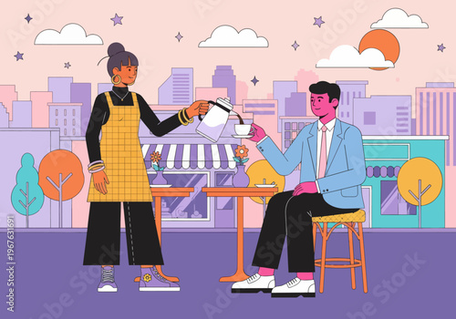 Barista pouring coffee for male client at an outdoor cafe with a city skyline background. Colorful modern vector illustration style