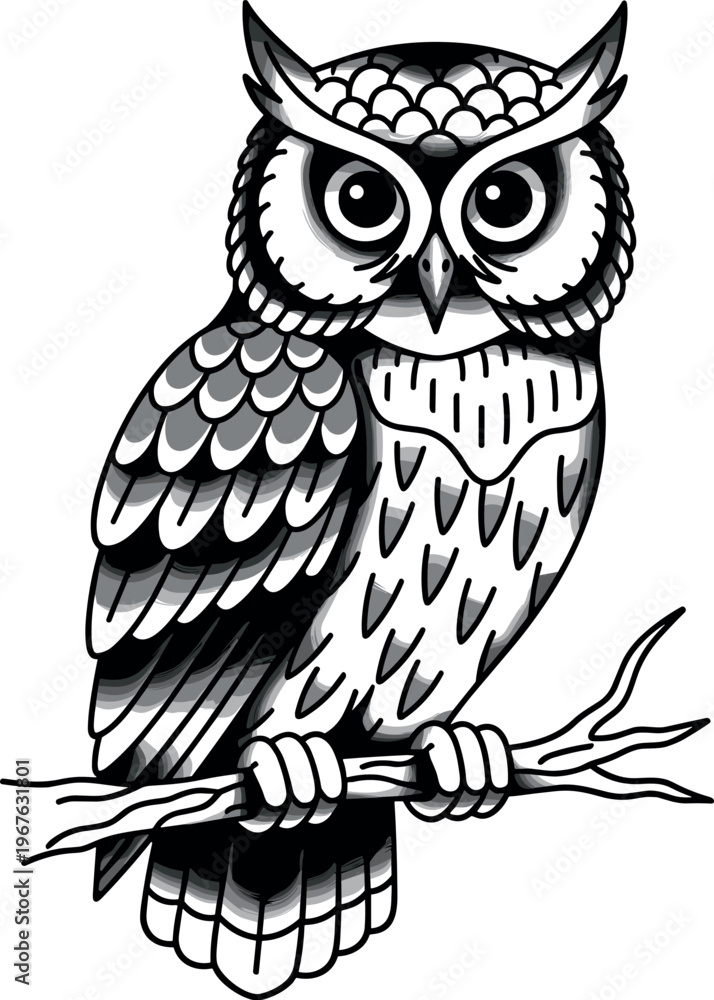 Fototapeta premium A detailed illustration of an owl perched on a branch in a striking pose