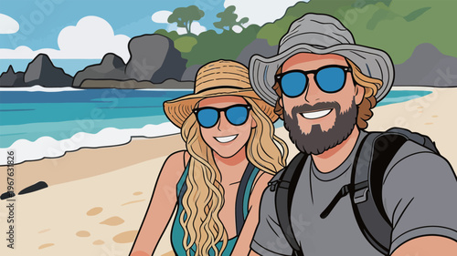 Couple enjoys a day at the beach in a scenic location with clear skies and gentle waves in the background during summer