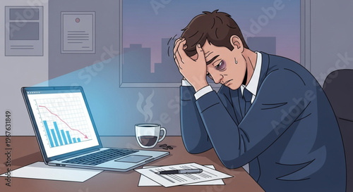 Stressed businessman sitting at his desk in the office late at night looking at a laptop showing a falling financial chart.