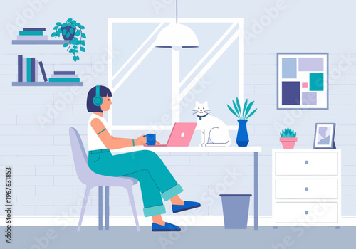 Freelancer Woman Working from Home on Laptop with White Cat, Modern Flat Vector Illustration of Cozy Workspace.