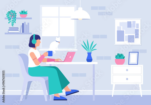 Freelancer Woman Working from Home on Laptop with White Cat, Modern Flat Vector Illustration of Cozy Workspace.