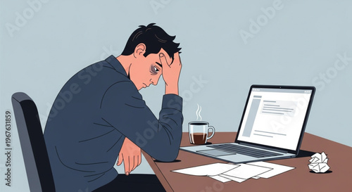 Depressed or stressed businessman sitting at desk with coffee and documents.