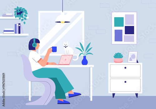 Freelancer Woman Working from Home on Laptop with White Cat, Modern Flat Vector Illustration of Cozy Workspace.