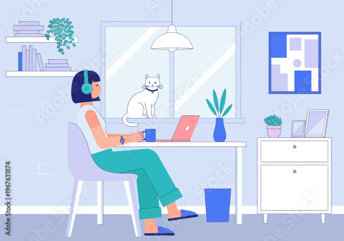 Freelancer Woman Working from Home on Laptop with White Cat, Modern Flat Vector Illustration of Cozy Workspace.