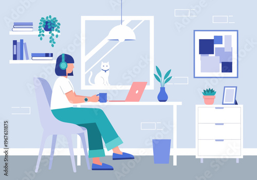 Freelancer Woman Working from Home on Laptop with White Cat, Modern Flat Vector Illustration of Cozy Workspace.