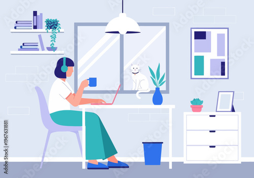 Freelancer Woman Working from Home on Laptop with White Cat, Modern Flat Vector Illustration of Cozy Workspace.