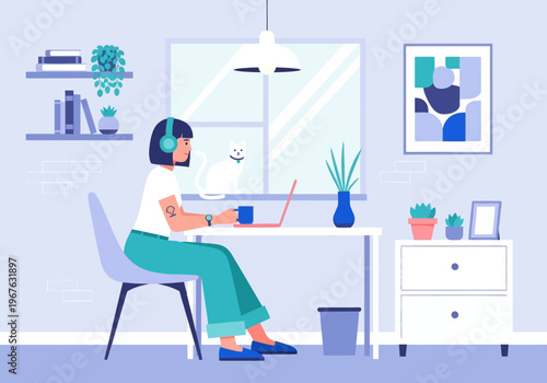 Freelancer Woman Working from Home on Laptop with White Cat, Modern Flat Vector Illustration of Cozy Workspace.