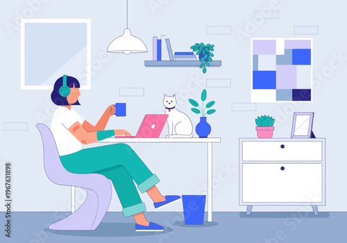 Freelancer Woman Working from Home on Laptop with White Cat, Modern Flat Vector Illustration of Cozy Workspace.