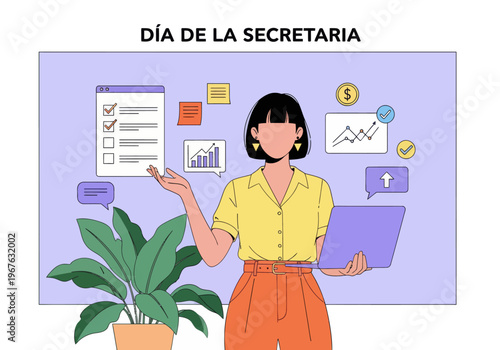 Secretary Day illustration with woman holding laptop. Administrative assistant concept with business icons, checklist, and growth charts. Perfect for professional office celebration.