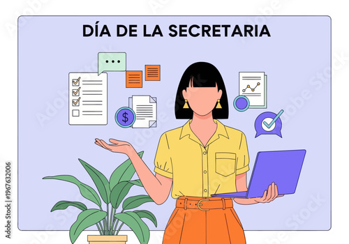 Secretary Day illustration with woman holding laptop. Administrative assistant concept with business icons, checklist, and growth charts. Perfect for professional office celebration.