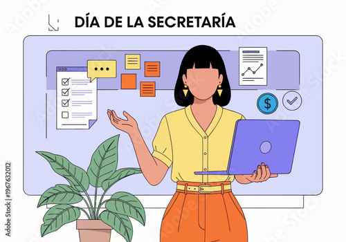 Secretary Day illustration with woman holding laptop. Administrative assistant concept with business icons, checklist, and growth charts. Perfect for professional office celebration.