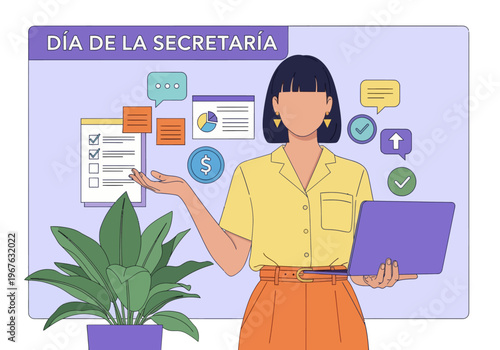 Secretary Day illustration with woman holding laptop. Administrative assistant concept with business icons, checklist, and growth charts. Perfect for professional office celebration.