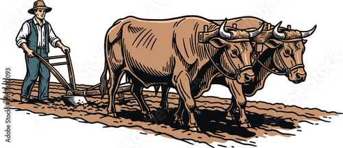 A farmer plows his field with two oxen in a rural landscape