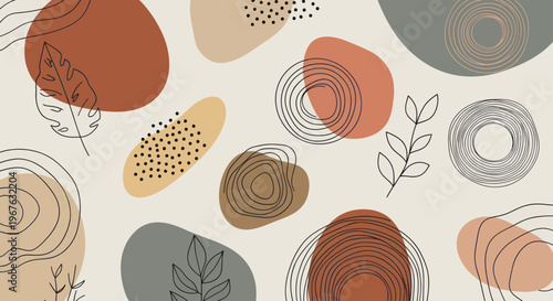 Abstract Organic Shapes and Botanical Line Art Pattern.