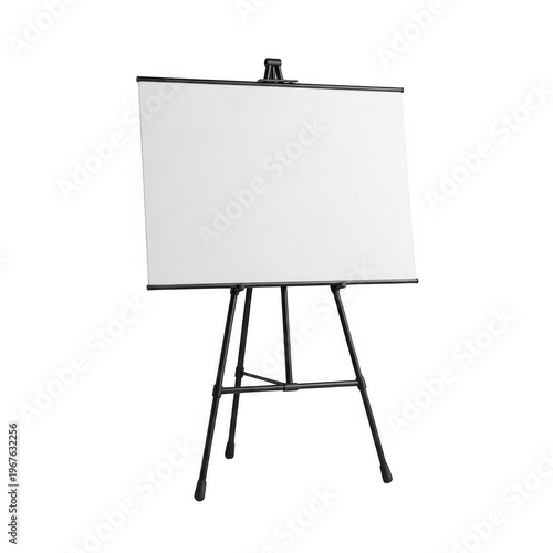 Blank whiteboard on a black easel stand isolated on transparent background