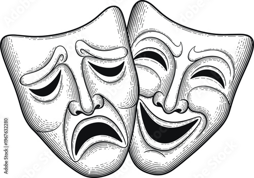 Two theatrical masks representing comedy and tragedy side by side