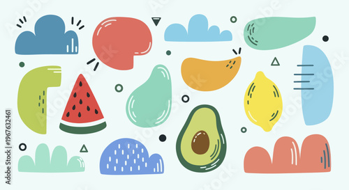 Abstract shapes and fruits illustration with organic forms and vibrant colors.