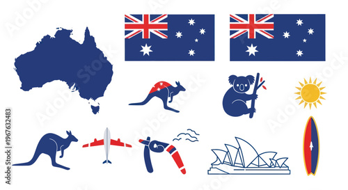 Australia Icons: Map, Flags, Kangaroo, Koala, Opera House, Surfboard