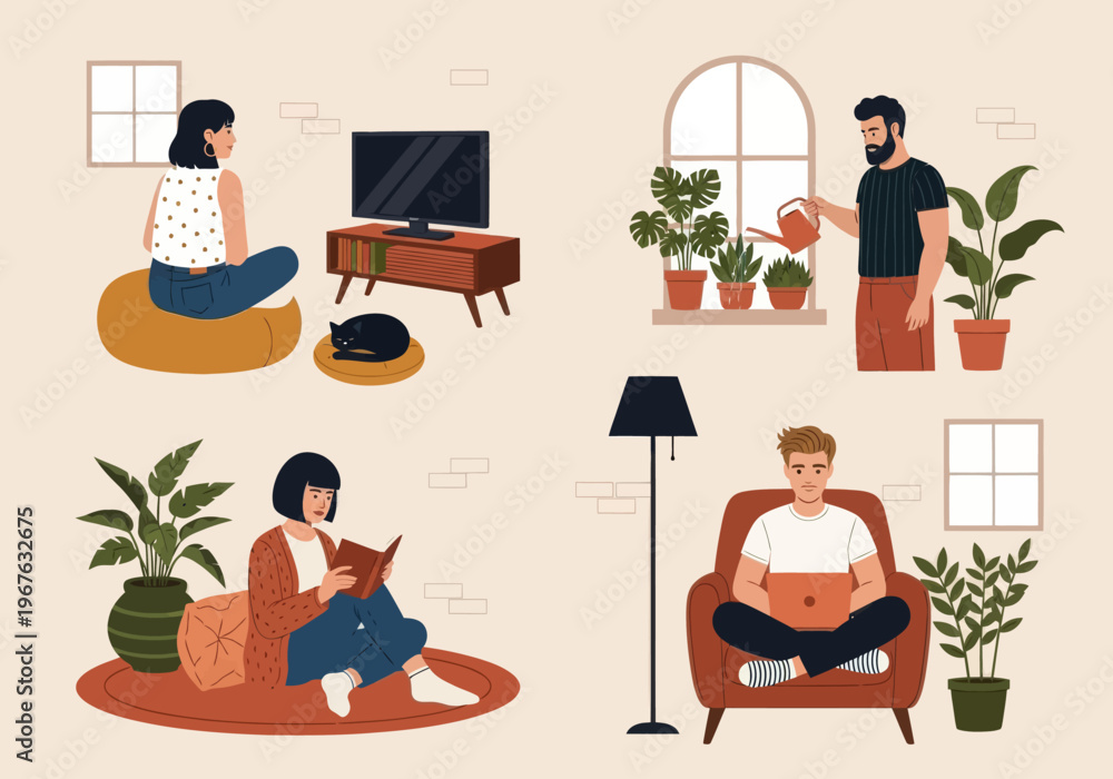 Fototapeta premium Flat vector illustration of people relaxing at home. Man watering plants, woman reading a book, and girl sitting on a bean bag. Cozy indoor lifestyle with houseplants and a sleeping cat.