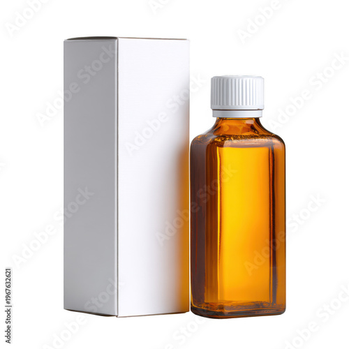Amber glass bottle with white cap and box isolated on transparent background