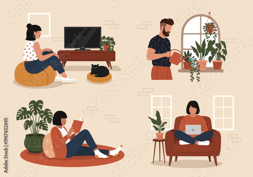 Flat vector illustration of people relaxing at home. Man watering plants, woman reading a book, and girl sitting on a bean bag. Cozy indoor lifestyle with houseplants and a sleeping cat.