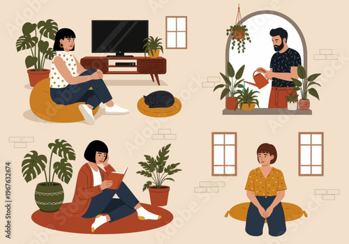 Flat vector illustration of people relaxing at home. Man watering plants, woman reading a book, and girl sitting on a bean bag. Cozy indoor lifestyle with houseplants and a sleeping cat.