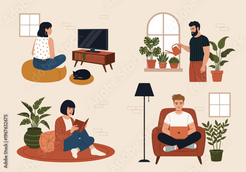 Flat vector illustration of people relaxing at home. Man watering plants, woman reading a book, and girl sitting on a bean bag. Cozy indoor lifestyle with houseplants and a sleeping cat.
