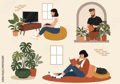 Flat vector illustration of people relaxing at home. Man watering plants, woman reading a book, and girl sitting on a bean bag. Cozy indoor lifestyle with houseplants and a sleeping cat.
