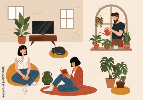 Flat vector illustration of people relaxing at home. Man watering plants, woman reading a book, and girl sitting on a bean bag. Cozy indoor lifestyle with houseplants and a sleeping cat.