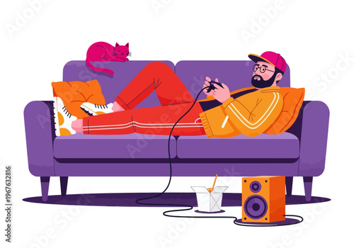 Young man gamer relaxing on a purple sofa playing video games with a cat. Flat vector illustration of a gaming lifestyle with snacks and speakers.