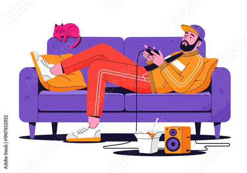 Young man gamer relaxing on a purple sofa playing video games with a cat. Flat vector illustration of a gaming lifestyle with snacks and speakers.