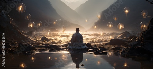 Surreal depiction of Silla-era Koreans simultaneously experiencing blissful Pure Land (Bulgukto) happiness in both the physical world and spirit realm ,generative AI