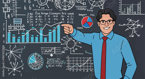 Man points at charts and graphs in a classroom while explaining data during a presentation in the morning
