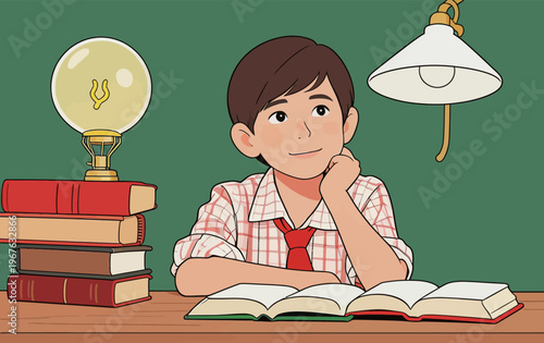 Young student studies at a desk with books and a lamp in a classroom setting