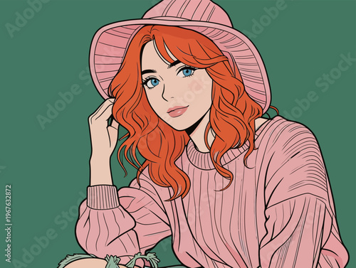 Young woman with red hair wearing a pink sweater and a pink hat sits against a green background