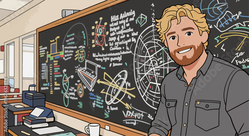 Man with blonde hair stands in front of a blackboard filled with scientific drawings and notes at a classroom in the afternoon